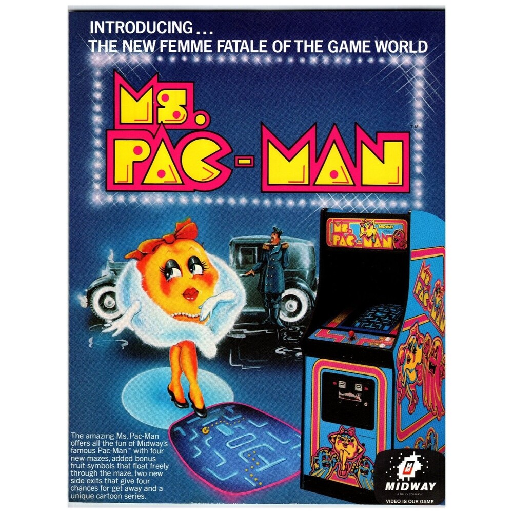 1982 Ms. Pac-Man Arcade Game Flyer Midway Original Vintage Ad Ephemera Retro